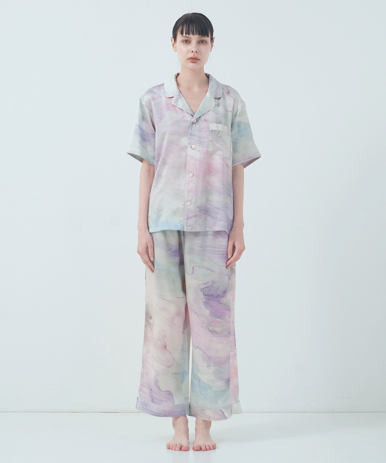 【トップス】ハーフスリーブ シルクパジャマ ピンク