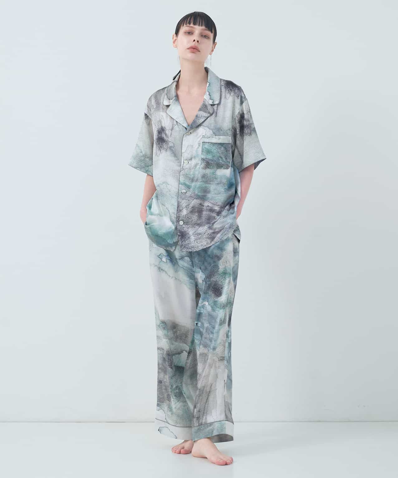 【トップス】ハーフスリーブ シルクパジャマ グリーン