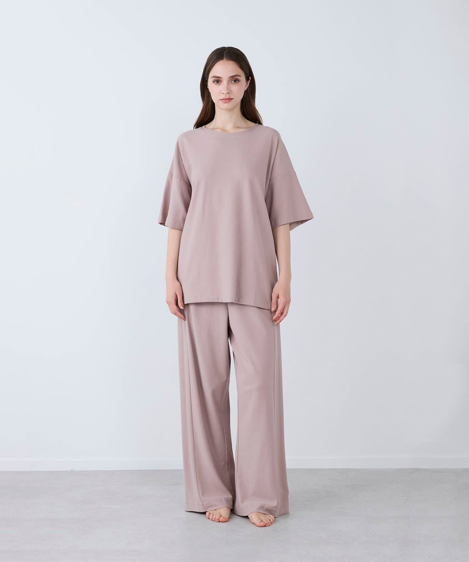 【セットアップ】 ロイヤル オーガニック コットン Tシャツ & ワイドパンツ グレージュ