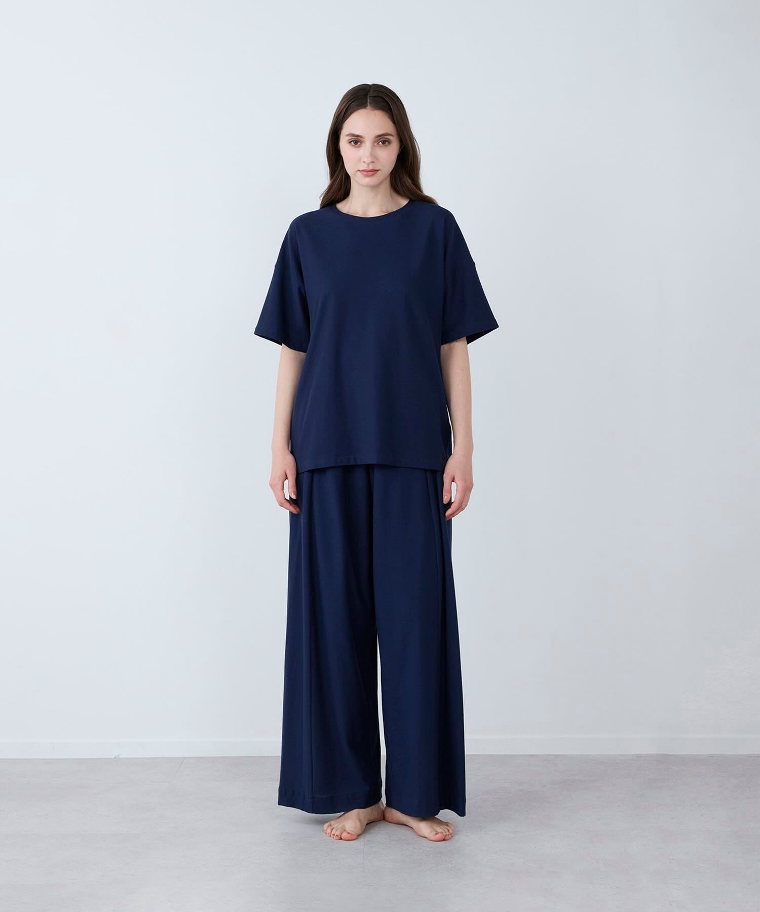 【セットアップ】ロイヤル オーガニックコットン  Tシャツ & ワイドパンツ ネイビー