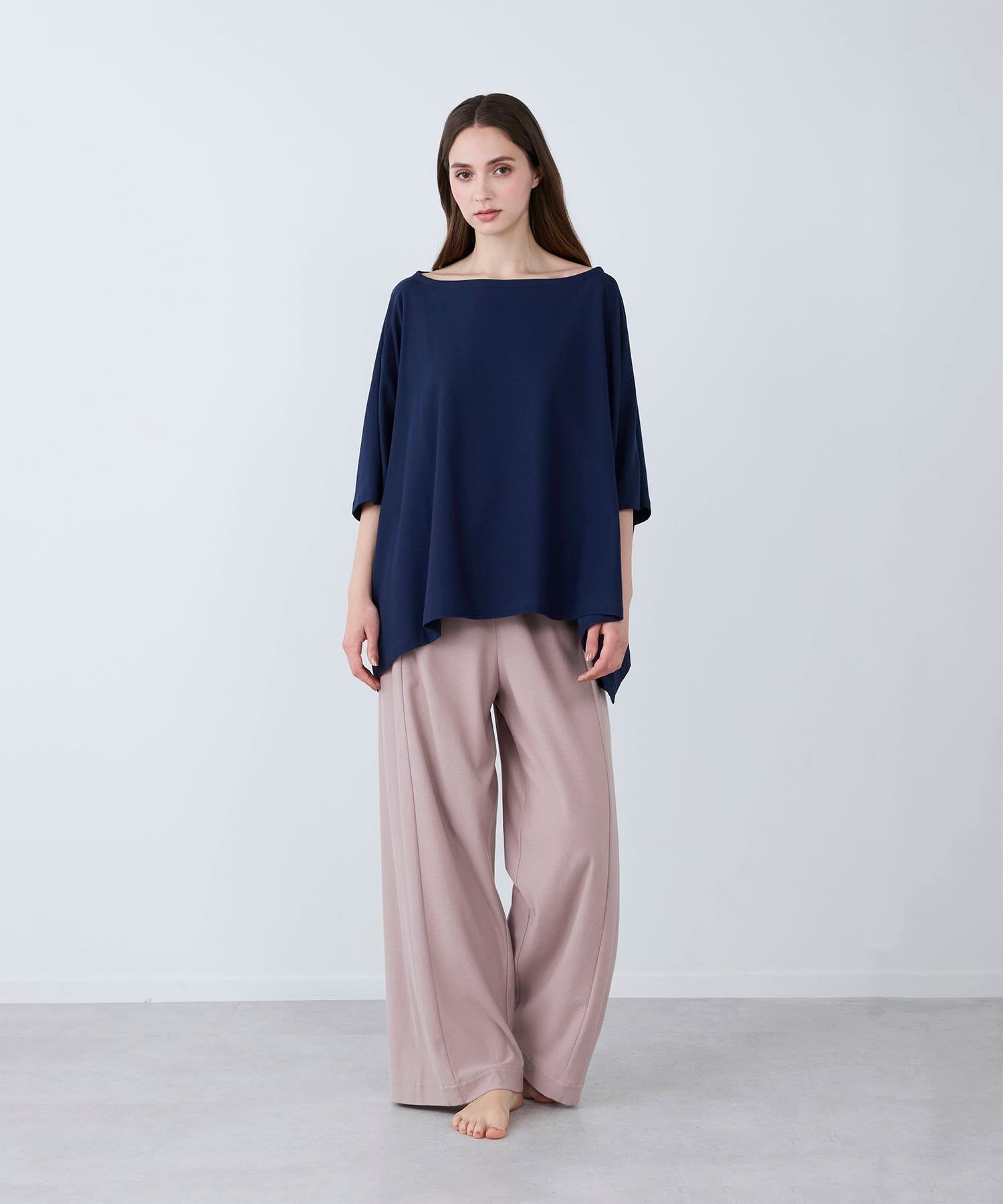 【セットアップ】ロイヤル オーガニックコットン ポンチョ（ネイビー） & ワイドパンツ（グレージュ）