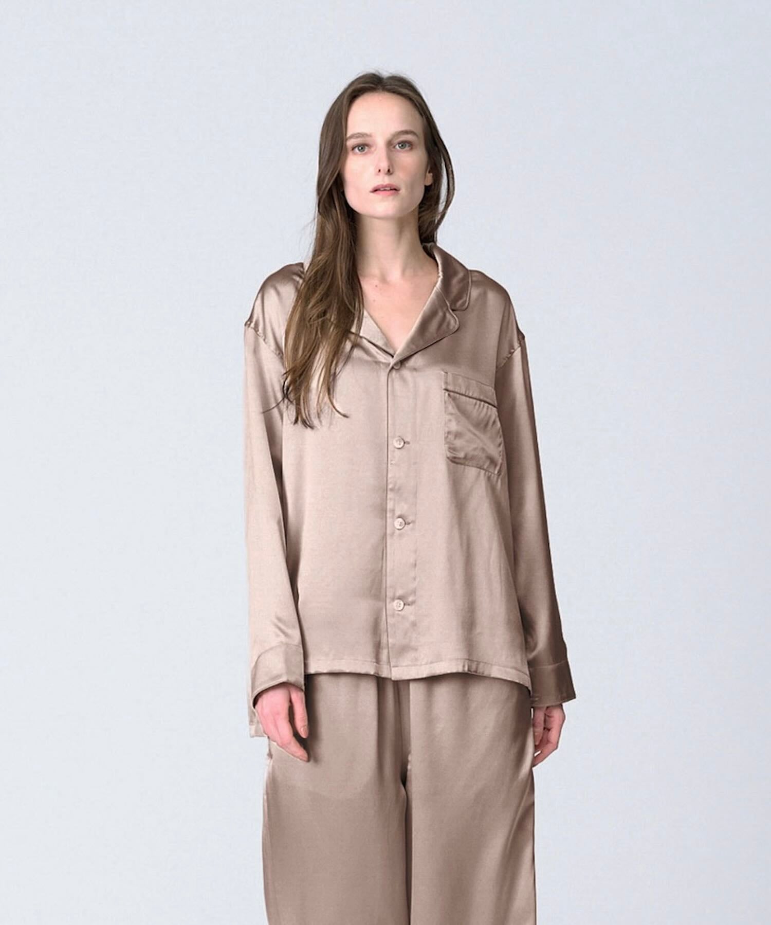 【トップス】シルクパジャマ ピンクベージュ