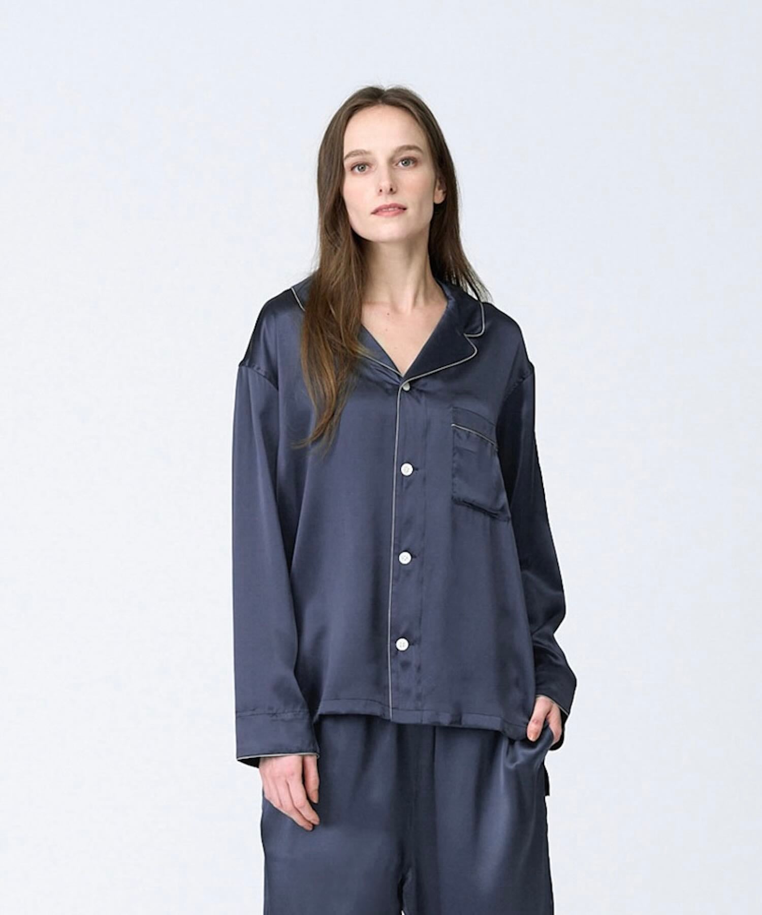 【トップス】シルクパジャマ エレガントネイビー